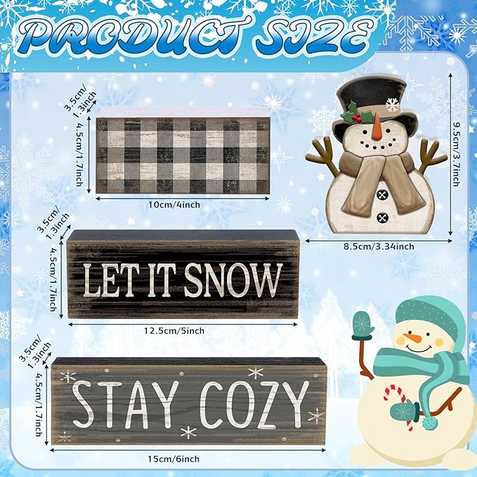 Yuntau 4 Pcs Winter Table Decorations Wooden Snowman Winter Tiered Tray Decor Rustic Block Signs Gift Farmhouse Christmas Centerpiece for Tables Party Kitchen Shelf Home