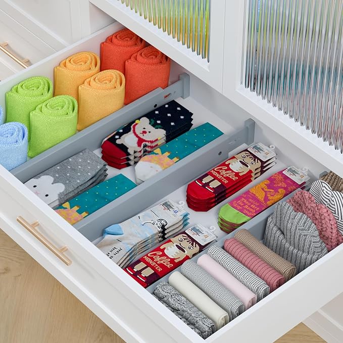 Ruichang Bamboo Kitchen Drawer Divider 4 Pack,17-22" Adjustable Utensil Drawer Organizer for Dresser Bathroom Bedroom,Grey