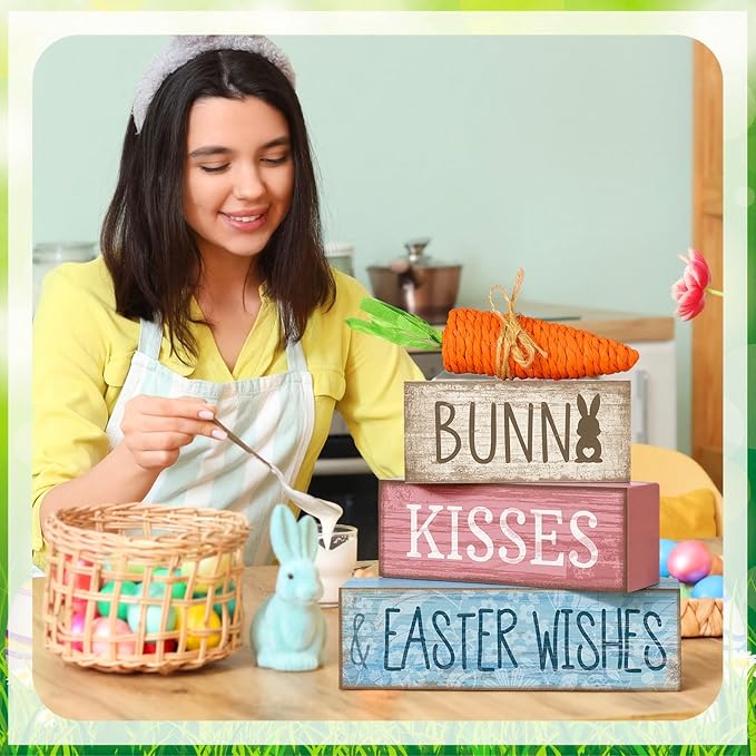 Moucuny 4 Pcs Easter Table Decoration Wooden Block Carrot Decor Easter Tiered Tray Decoration Cute Bunny Centerpiece Rustic Carrot Sign Gift for Holy Week Kitchen, Party, Entryway Fireplace Decor