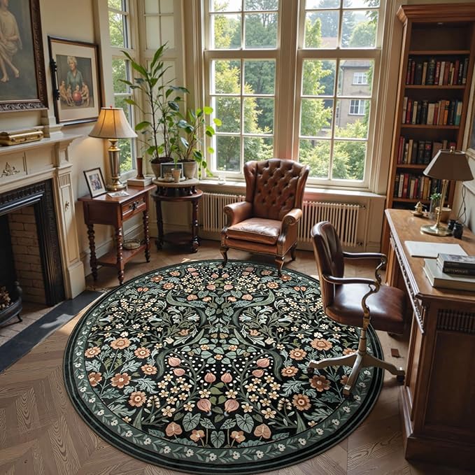 Moynesa Floral Round Area Rugs 6ft, Washable Boho Round Living Room Rug, Non Slip Soft Large Circle Rugs for Dining Room, Botanical Ultra Thin Floor Carpet for Bedroom Kitchen, Black