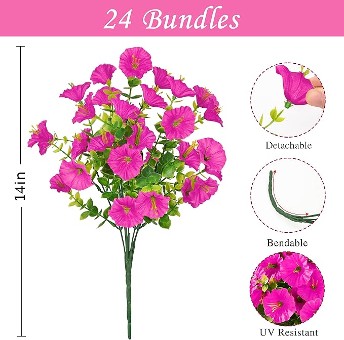 Waipfaru Artificial Flowers for Outdoors, 24 Bundles Faux Plants Outdoor, UV Resistant Artificial Plants Outdoor, Silk Petunias Fake Flowers for Outside Home Decor Planter Porch Decoration, Rose Red