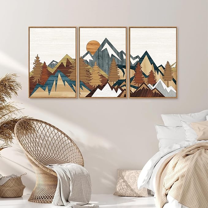 SIGNINART Vintage Mountain Framed Canvas Wall Art, Boho Sunrise Art Prints, Forest Nature Wilderness Art Paintings, Modern Farmhouse Woodcut Style Wall Decor for Living Room Bedroom, Office 16"x24"x3