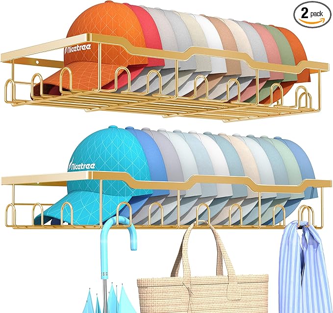 Nicetree Hat Racks for Baseball Caps Wall - Metal Hat Organizer for 48 Baseball Caps Holder, 2 Pack Hat Storage Organizer for Closet, Bedroom, Living Room Gold