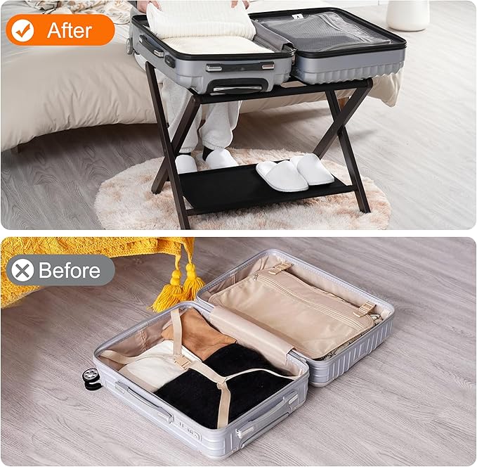 Heybly Luggage Rack, Pack of 2, Folding Suitcase Stand with Storage Shelf, Heavy-Duty Luggage Holder for Guest Room Bedroom Hotel, Holds up to 165 lb, Black, HLR010Z2
