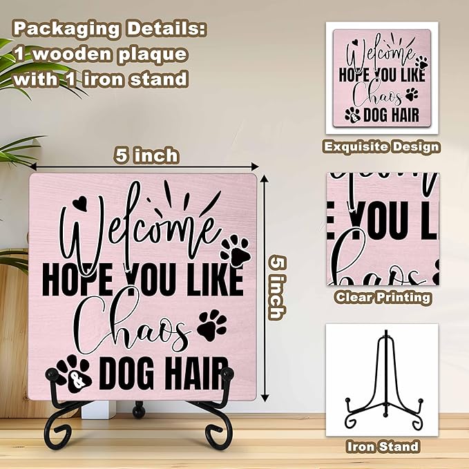 Dog Room Decor - Funny Farmhouse Decor, Home Kitchen Accessory - Wooden Plaque with Iron Stand