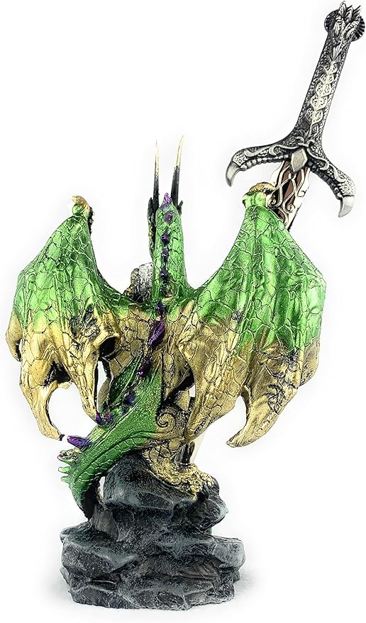 Ain’t It Nice Dragon Statue with Medieval Dragon Sword and Crystal Ball Collectible Dragon Figurine Fantasy Medieval Dragon Décor, Green 4.5(L) 2(W) X 7(H) inches