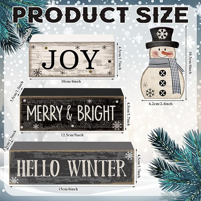 Lineshading 4 Pcs Snowman Christmas Table Decorations Black and White Wooden Snowman Stacked Block Sign Gifts Winter Tiered Tray Decor Rustic Winter Tabletop Centerpiece Farmhouse for Home Kitchen