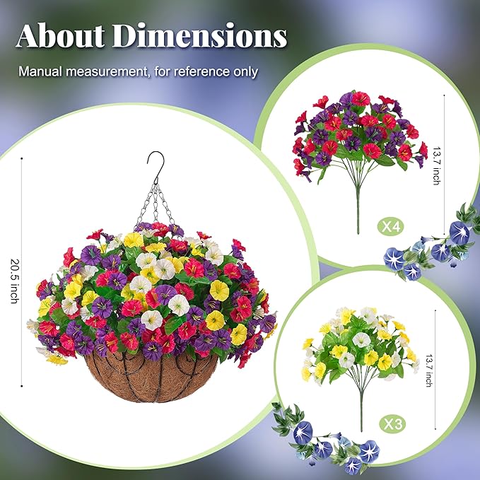 Artificial Fake Hanging Flowers with Basket, Faux Silk Morning Glory Flower Arrangement for Spring Summer Decor, Hanging Plant for Patio Garden Porch Outdoor Decor