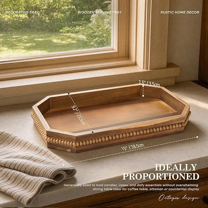 EOSAHR Acacia Wood Rustic Decorative Tray with Beads for Room Decor - Farmhouse Serving Tray for Coffee Bar Accessories - Ideal for Displaying Makeup Vanity & Bedroom Aesthetic(Acacia Wood)