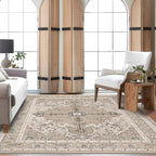 U'Artlines Boho Vintage Area Rug 5x7 Machine Washable Low Pile Soft Floor Carpet Non Slip Non Shedding Accent Rug for Living Room Bedroom Entryway Dining Room Office Beige＆Brown