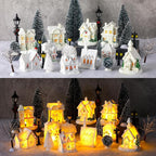 Shappy 48 Pcs Christmas Village Houses Town Buildings Accessories 10 Light up Christmas Village House 12 Mini Trees 12 LED Lights 2 Snow Blanket Box for DIY(Fresh Style)