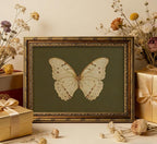 Vintage Gold Framed Wall Art Retro White Butterfly Canvas Print Dark Green Olive Insect Painting Picture Rustic Farmhouse Moth Cottagecore Poster Artwork for Living Room Bedroom