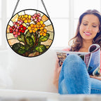 Stained Glass Window Hanging, Yellow Red Flowers Sun Catcher for Window Door Home Decor Green Plant Suncatcher Christmas Mother's Day Birthday Gifts for Women Men Mom and Nana 11.8 in