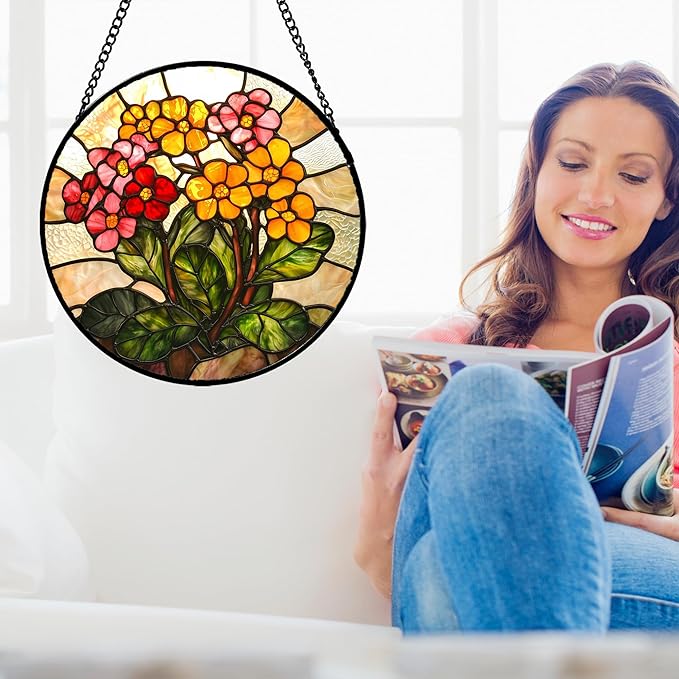 Stained Glass Window Hanging, Yellow Red Flowers Sun Catcher for Window Door Home Decor Green Plant Suncatcher Christmas Mother's Day Birthday Gifts for Women Men Mom and Nana 11.8 in
