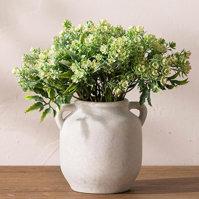 Ceramic Flower Vase Home Decor - 6 Inch Farmhouse Rustic White Table Vases with Handle Living Room Decoration Decorative Vintage Pottery for Kitchen Shelf Coffee Dining Desk Bookshelf Fireplace
