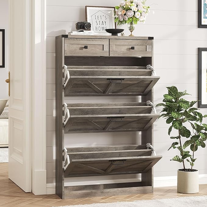 Shoe Cabinet with 3 Flip Drawers & 2 Drawers,Freestanding Shoe Storage Cabinet for Entryway,Farmhouse Narrow Slim Organizer Rack for Foyer,Hallway,Grey