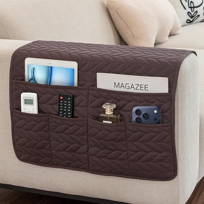 Remote Control Holder for Armchair, Couch Caddy Organizer TV Remote Holder for Recliner Couch With 6 Pockets, Non-Slip Arm Chair Caddy Bedside Table Organizer for Magazine, Tablet, Phone, iPad (Brown)