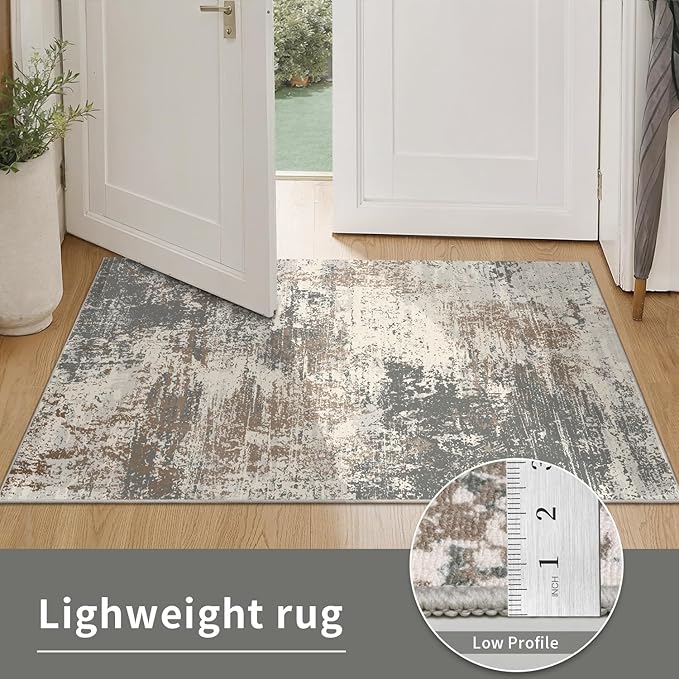 Ciicool 2'6"x10' Washable Runner Rug, Modern Abstract Hallway Rugs Runner, Non-Slip Thin Accent Rug Lightweight Grey Brown Distressed Carpet Runners for Laundry Entryway Bedroom Kitchen Indoor
