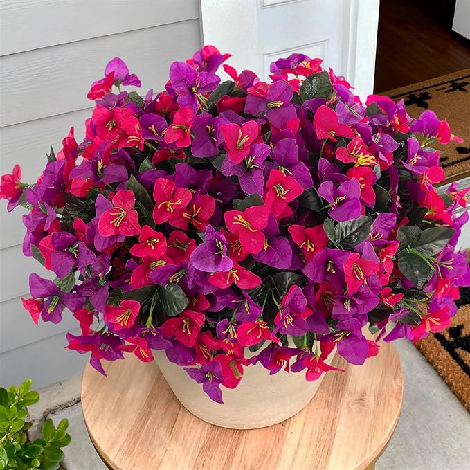 Artificial Flowers Faux Plants for Outdoors Spring Summer Decor, 6 Bundles Fake Bougainvillea Silk Flowers UV Resistant Realistic for Outside Planter Porch Patio Garden Home (Purple Fuchsia)