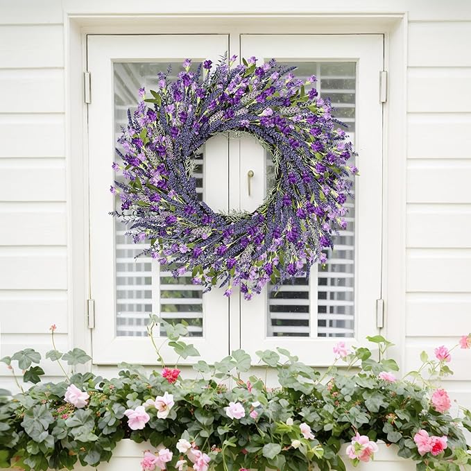 LZNPA 26 Inch Large Lavender Wreath for Front Door Greenery Summer Spring Wreaths for Front Door Wreaths for Front Door All Seasons for Wedding Farmhouse Wall Porch Window Decor(Purple Lavender)