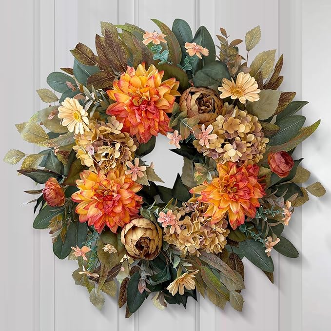 WANNA-CUL 24 Inch Spring Fall Wreaths for Front Door,Fall Wreath with Orange Hydrangea&Peony and Dahlia -Fall Decoration for Home-Fall Decor Door Wreath for Valentines Day,Mothers Day,Autumn,Harvest