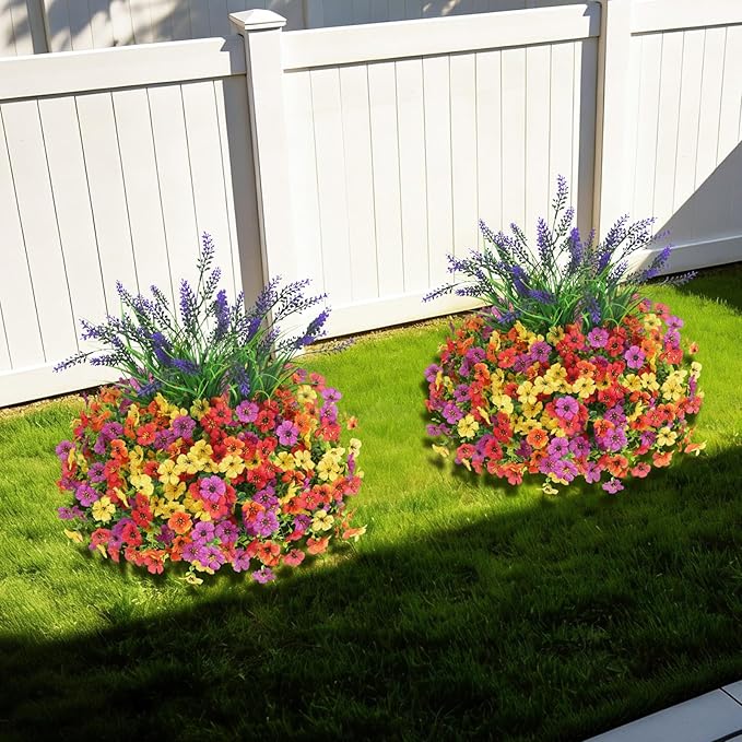 INQCMY Artificial Flowers for Outdoors UV Resistan 12 Pcs Silk Daisies with Eucalyptus Leaves and 2 Pcs Lavender Suitable for Porch Balcony Courtyard Garden (Red Lotus Orange Yellow Red)
