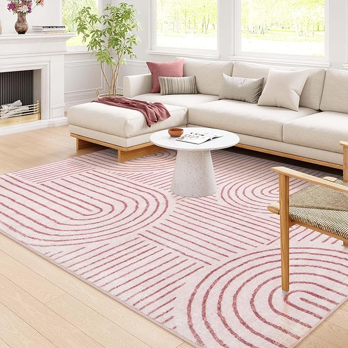 Lahome Abstract 6x9 Area Rugs, Soft Pink Rugs for Bedroom Girls, Ultra-Thin Non Slip Washable Throw Large Carpet for Living Room Dining Room Office (6'x9',Pink)