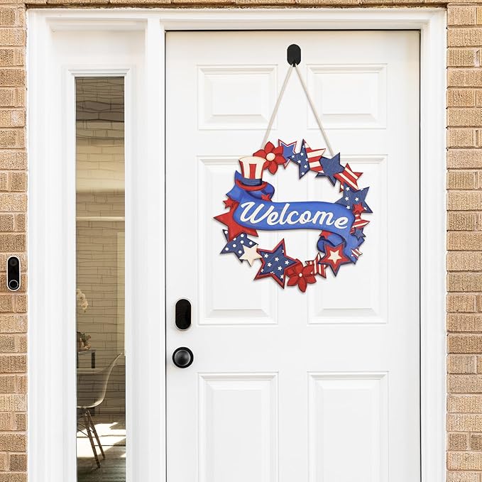 4th of July Decorations Wooden Welcome Sign, Wooden American Flag Star Wreath, Outdoor Wall Hanging for Front Porch, Veterans Day Home Decor (4th of July)