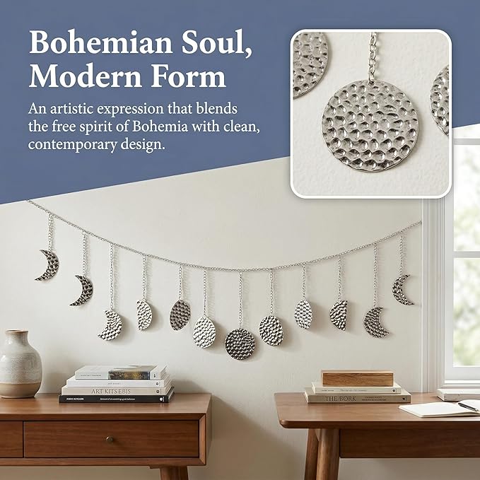 Moon Phase Garland Sliver Hammered Metal - Celestial Boho Wall Hanging Decor Moon Phases Ornament for Bedroom Aesthetic Above Bed Living Room Home Decor