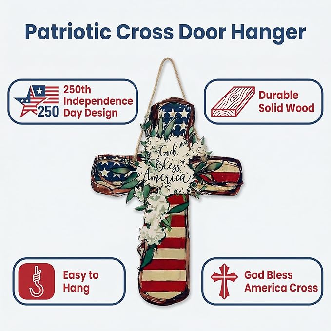 YOYAI Wooden Wall Cross Decor Patriotic Door Hanger Memorial Day Decorations 4th of July Wooden Welcome Wreath for Front Door, Independence Day Decorations - Wooden Cross Outdoor Door Hanger for Porch, Wall, Window