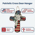 YOYAI Wooden Wall Cross Decor Patriotic Door Hanger Memorial Day Decorations 4th of July Wooden Welcome Wreath for Front Door, Independence Day Decorations - Wooden Cross Outdoor Door Hanger for Porch, Wall, Window