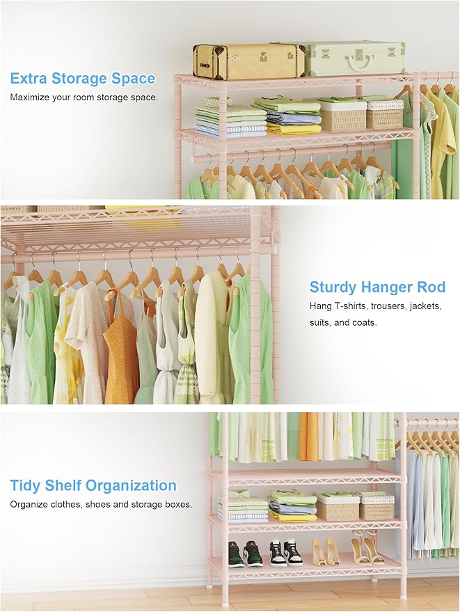 Ulif E11 Heavy-Duty Garment Rack, Metal Freestanding Clothes Rack and Closet Storage Organizer System with 8 Shelves and 4 Hanger Rods, (73.2-97.6)" W x 14.5" D x 71.2" H, Load 1034 LBS, Pink