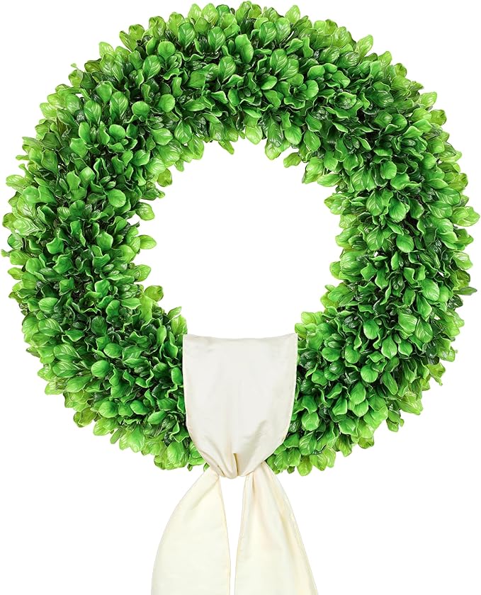 DDHS 23 Inch Large Boxwood Wreath for Front Door, Round Artificial Spring Summer Greenery Wreath with Hello Sign & Sash, Green Wreaths for Farmhouse Wedding Year Round Indoor Outdoor Home Decor