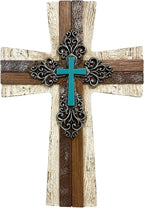 De Leon Collections 14233 Fleur De Lis Layered Turquoise and Brown 11.8 Inch Polyresin Southwestern Rustic Distressed Decorative Home Décor Hanging Sculpture Wall Cross