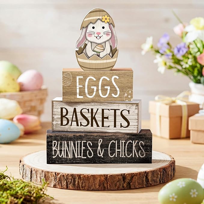 Lineshading 4 Pcs Easter Bunny Table Decoration Wooden Rustic Bunny 3-Tier Wooden Stacked Decor with 3D Hatching Rabbit Farmhouse Decor for Home Kitchen Dining Room, Easter Party Centerpiece Gift