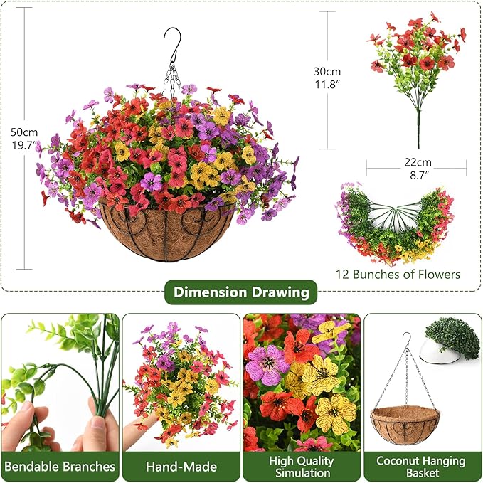 Artificial Fake Hanging Flowers Plants Basket for Outdoor Spring Decoration, Faux Silk Daisy Outside Indoor UV Resistant Look Real Yard Patio Front Porch Garden Balcony Home Decor(Mix3)