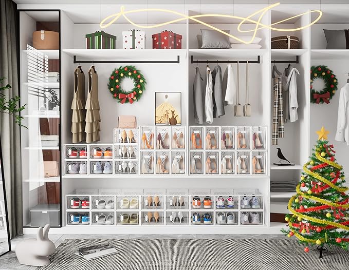 Shoe Storage, 12 Pack Shoe Organizer for Closet, Shoe Boxes Clear Plastic Stackable Shoe Containers with Lids for Size 10