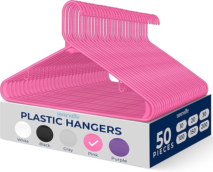 SereneLife 50 Pack Plastic Hangers, Non-Slip, Space-Saving Closet Organizers, Durable and Strong for Shirts, Sweaters, Hoodies, Kids Clothes & Dresses, Ultra-Thin, Lightweight