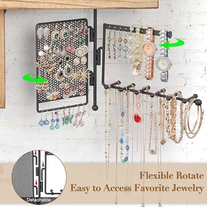 SOLIMINTR Hanging Jewelry Organizer Wall Mount with Rustic Wood Shelf, Ring Display Box, Ear Studs Earring Holder, Rotating Necklace Holder Organizer