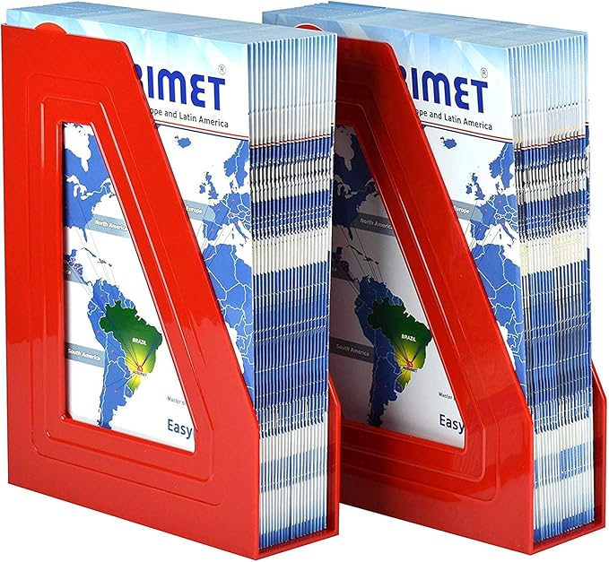 Acrimet Magazine File Holder Bin Storage, Vertical Rack for Documents, Folders and Mail, Durable Plastic Desk Organizer for Office & Home (Solid Red Color) (2 Pack)