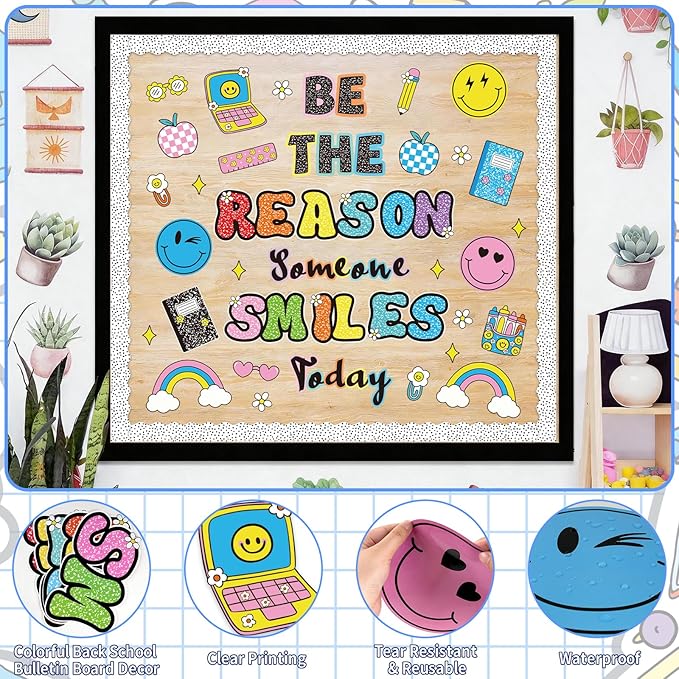 Composition Notebook Classroom Decor, Be The Reason Someone Smiles Today Bulletin Board with Happy Face Apple Rainbow Composition Book Cutouts for Posters Back to School Wall Door Chalkboard Supplies