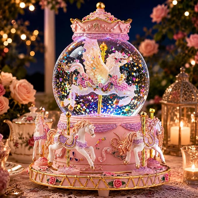 Magical Unicorn Snow Globe with “Somewhere Over the Rainbow” Music, Rotating Carousel Music Box, LED Lights & Glitter Snow, Perfect Birthday, Xmas, Valentine’s Gift, for Girls, Kids & Unicorn Lovers