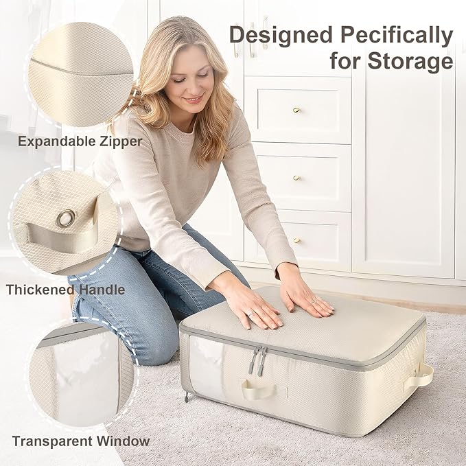 Comforter Storage Bag - 2-Layer Self Compression Organizer, 2-Pack Closet Organizers and Storage, Under Bed Space Saver, Blanket Organizer for Bedding, Pillow, Sheet, Clothes, Nursery Use