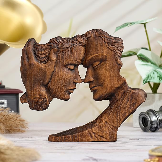 BGCOPPER Wooden Couple Statue, Abstract Couple Sculptures Ornament for Home Decor Women Gift for Anniversary Wedding (8 Inch)