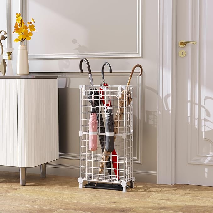 AWTATOS Umbrella Holder Entryway, Umbrella Stand Freestanding, Metal Square Umbrella Rack Organizer with a Removable Drip Tray, Hooks, White
