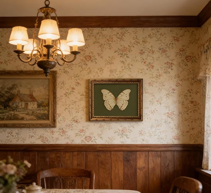Vintage Gold Framed Wall Art Retro White Butterfly Canvas Print Dark Green Olive Insect Painting Picture Rustic Farmhouse Moth Cottagecore Poster Artwork for Living Room Bedroom