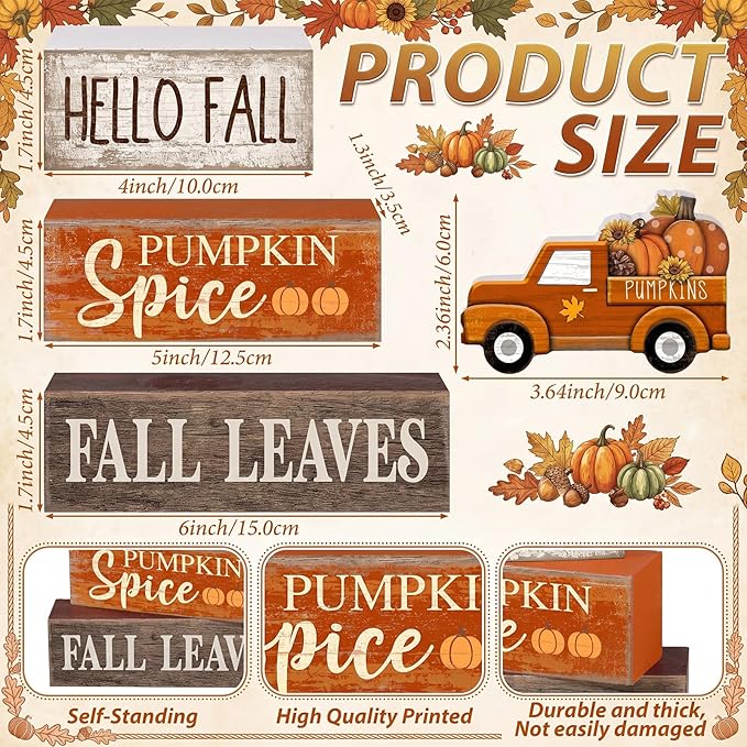 Moucuny 4 Pcs Fall Decoration for Home Fall Truck Decor Thanksgiving Tiered Tray Decor Rustic Wooden Truck Block Sign Thanksgiving Centerpiece Autumn Table Decorations for Harvest Party Kitchen Home