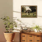Vintage Country Framed Wall Art, Little Girl and Chick Canvas Prints, Rustic Landscape Picture Painting, Pastoral Farmhouse Wall Decor for Living Room Bedroom – Dark Wooden Frame 16x24in