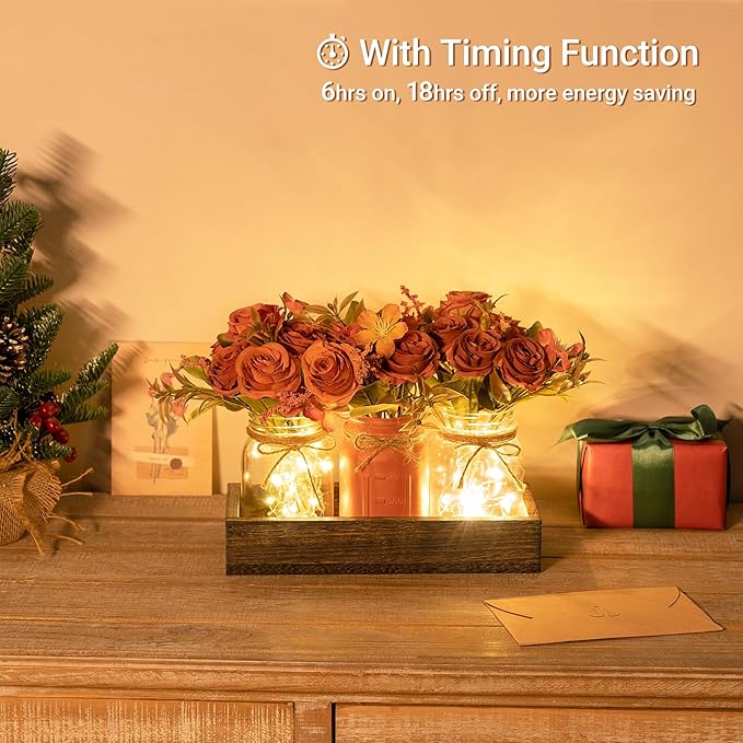 Mkono Mason Jar Lights Centerpiece Table Decor for Dining Room Farmhouse Wood Tray with 3 Jars Flowers Valentines Day Decoration for Coffee Table Kitchen Living Room Wedding
