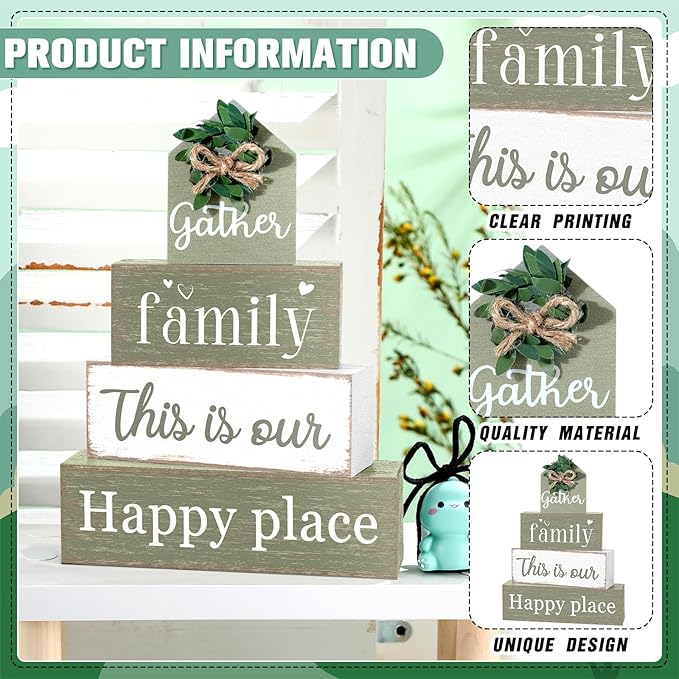 Cinnvoice 4 Pcs Farmhouse Tabletop Decor Rustic Family Blessed Home Table Centerpiece This Is Us Sign for Kitchen Shelf Desk Fireplace Mantel Tiered Tray Decor(Gather Family This is Our Happy Place)